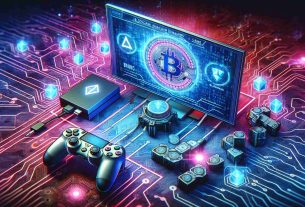 Create a high-definition, realistic image that visually represents the future of gaming, with blockchain technology revolutionizing the industry. The image can include conceptual representations of a gaming console and controller, a digital screen showcasing a high-tech gaming interface, and blockchain symbols. The background might feature circuitry patterns and code streams to symbolize the digital revolution. Remember to include vibrant colors to symbolize the convergence of gaming and technology.