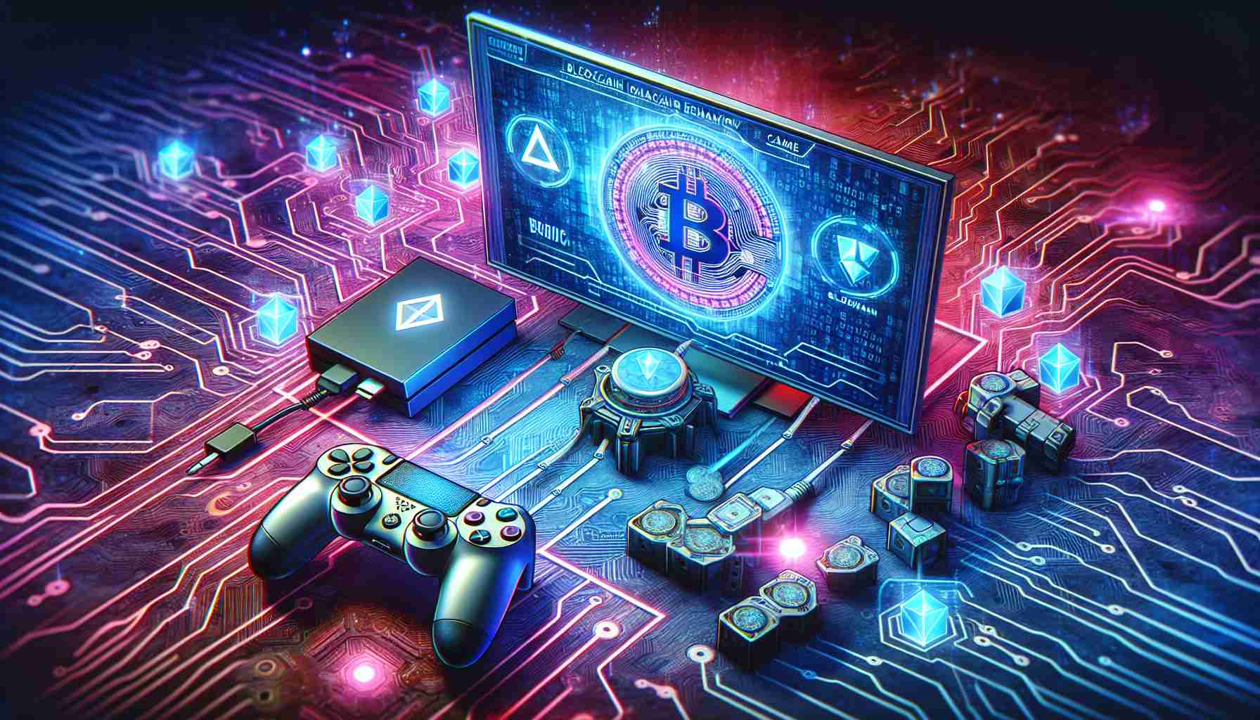 Create a high-definition, realistic image that visually represents the future of gaming, with blockchain technology revolutionizing the industry. The image can include conceptual representations of a gaming console and controller, a digital screen showcasing a high-tech gaming interface, and blockchain symbols. The background might feature circuitry patterns and code streams to symbolize the digital revolution. Remember to include vibrant colors to symbolize the convergence of gaming and technology.