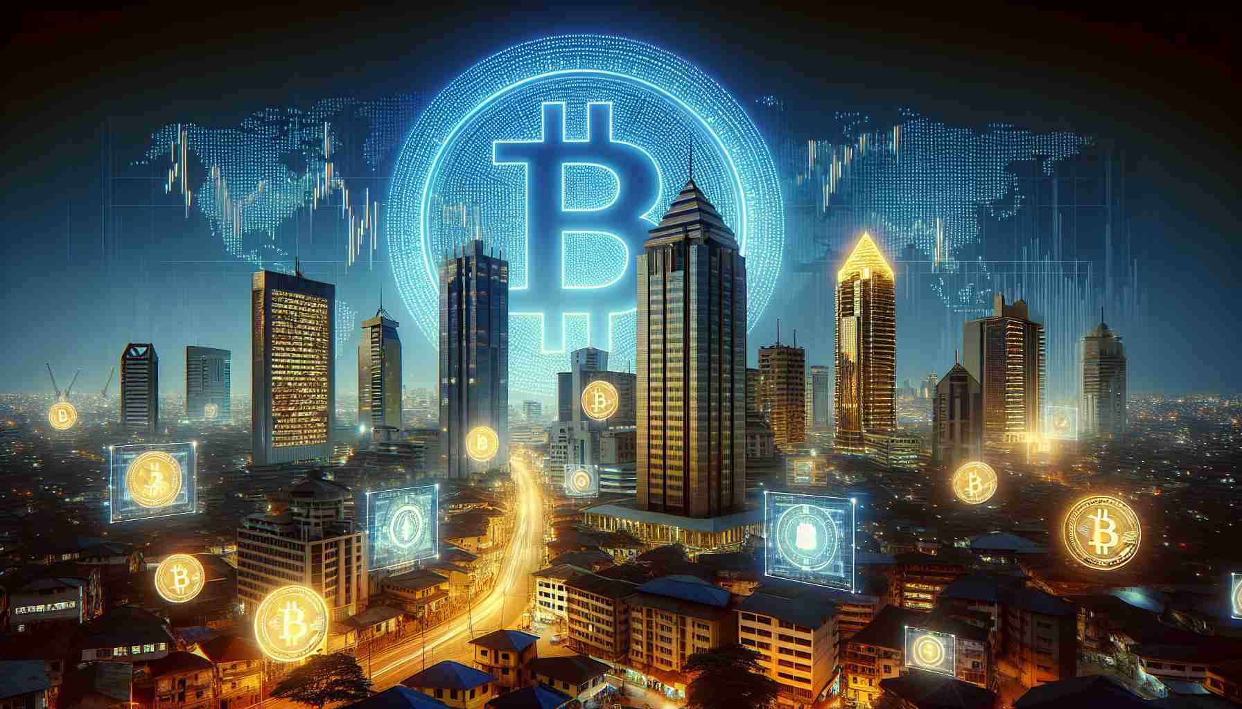 Create a realistic high-definition image that embodies the growth and energy of the cryptocurrency economy in Nigeria, while facing regulatory hurdles. Picture a glowing Bitcoin symbol in the foreground, against a backdrop of Lagos' bustling cityscape at night. Illustrate the regulatory challenges through towering government buildings looming in the distance, casting long shadows over the city. To represent the economy's vitality, depict vibrant digital screens displaying dynamic crypto charts and graphs.