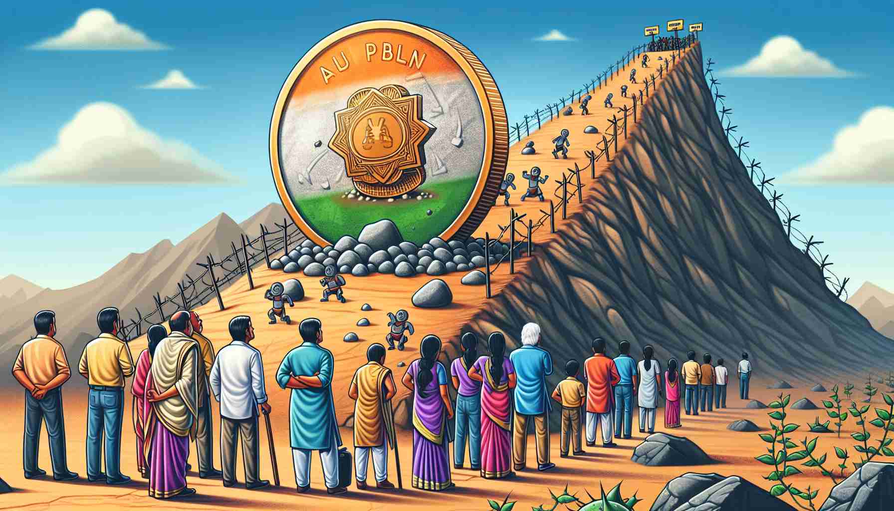 Detailed and high definition illustration of the concept of India's digital currency experiment facing hurdles in public adoption. Show a metaphorical image where the digital currency, personified as a coin embossed with Indian symbols, is trying to climb a steep hill. The hill represents public adoption filled with obstacles like stones and thorns. There are Indian citizens of varying descents and genders observing the scene, their expressions showing skepticism and curiosity.