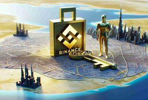 A high-definition, realistic photo depicting an abstract concept of Binance strengthening its position by acquiring a Virtual Asset Service Provider (VASP) License in Dubai. This could be visualized as a golden key symbolizing the license placed on a map of Dubai. Binance's logo (a stylized 'B' enclosed within a square) is standing tall and strong nearby, demonstrating its empowered status.