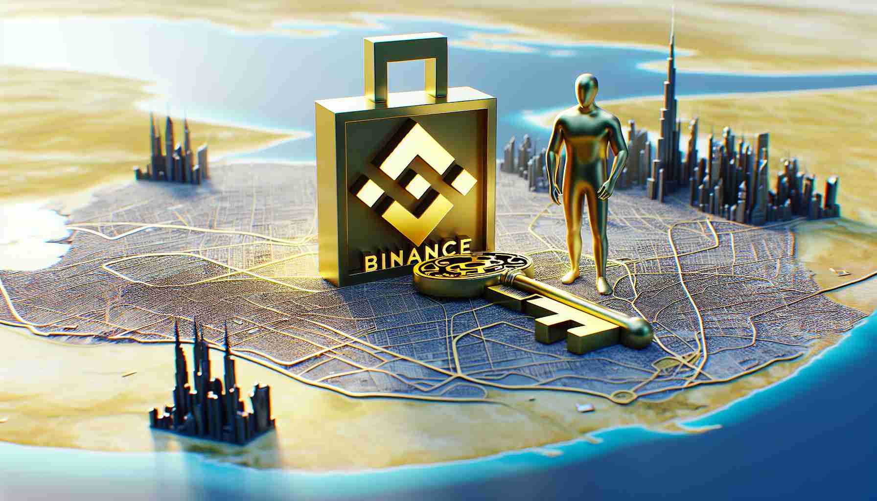 A high-definition, realistic photo depicting an abstract concept of Binance strengthening its position by acquiring a Virtual Asset Service Provider (VASP) License in Dubai. This could be visualized as a golden key symbolizing the license placed on a map of Dubai. Binance's logo (a stylized 'B' enclosed within a square) is standing tall and strong nearby, demonstrating its empowered status.