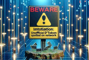 Generate a highly detailed and realistic image of a cautionary sign that says 'Beware of Imitation: Unofficial ‘RLUSD’ Token Spotted on Network.' Ideally, the whole environment should seem like it is part of a digital visualization that represents a decentralized network