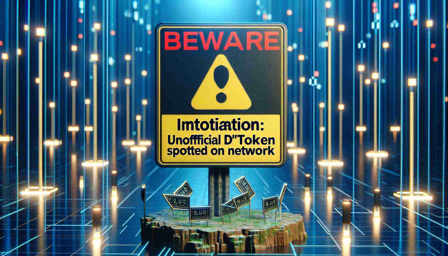 Generate a highly detailed and realistic image of a cautionary sign that says 'Beware of Imitation: Unofficial ‘RLUSD’ Token Spotted on Network.' Ideally, the whole environment should seem like it is part of a digital visualization that represents a decentralized network