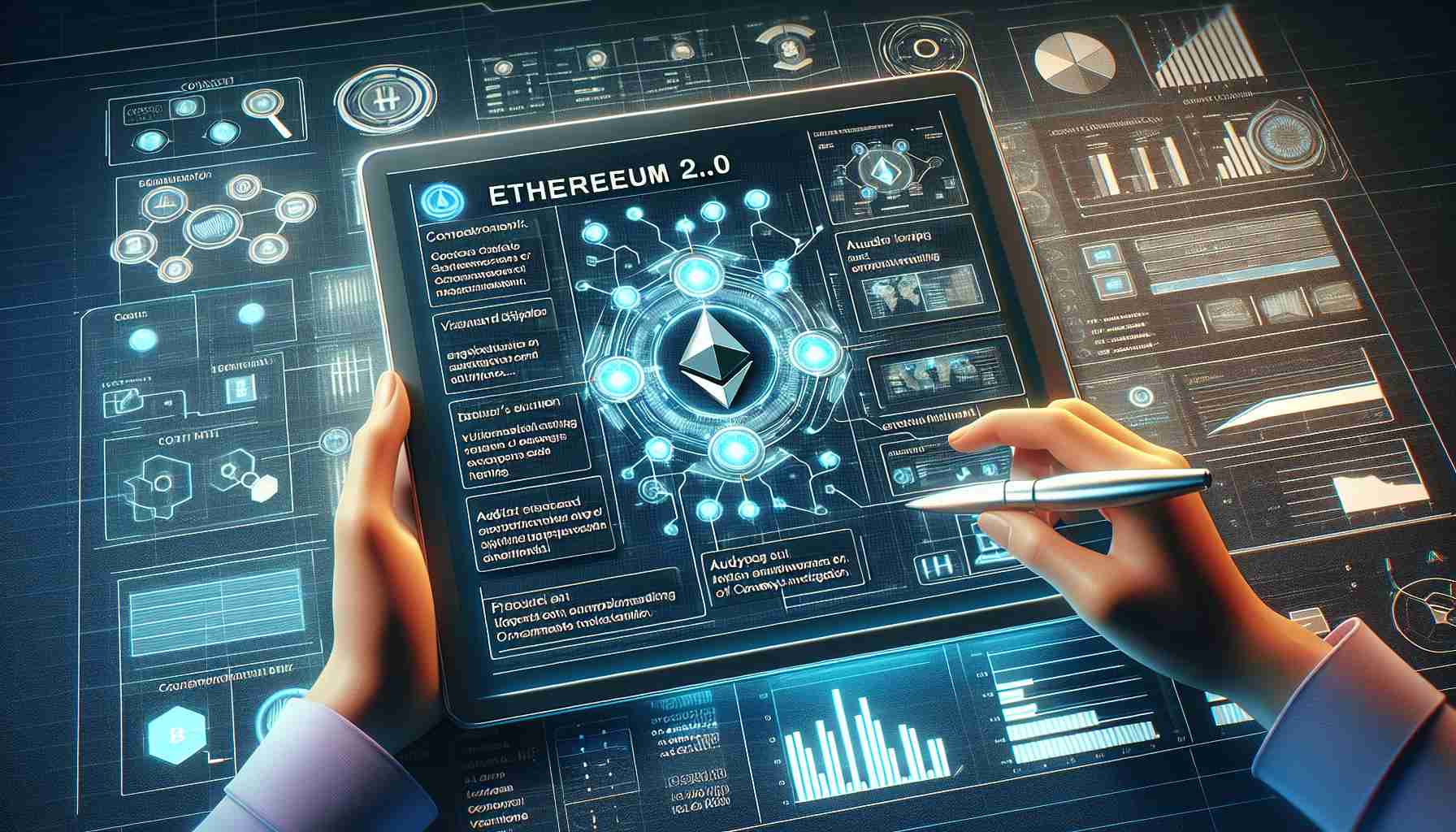 Generate a realistic HD photo that provides insights into the Ethereum 2.0 platform. The scene should showcase digital graphical interfaces, futuristic display of blockchain technology, and visual aids explaining the concept of Ethereum 2.0. Also, include an auditor's tablet showing a successful audit report symbolizing the outcome of a ConsenSys Investigation. Make sure the details are clearly visible.