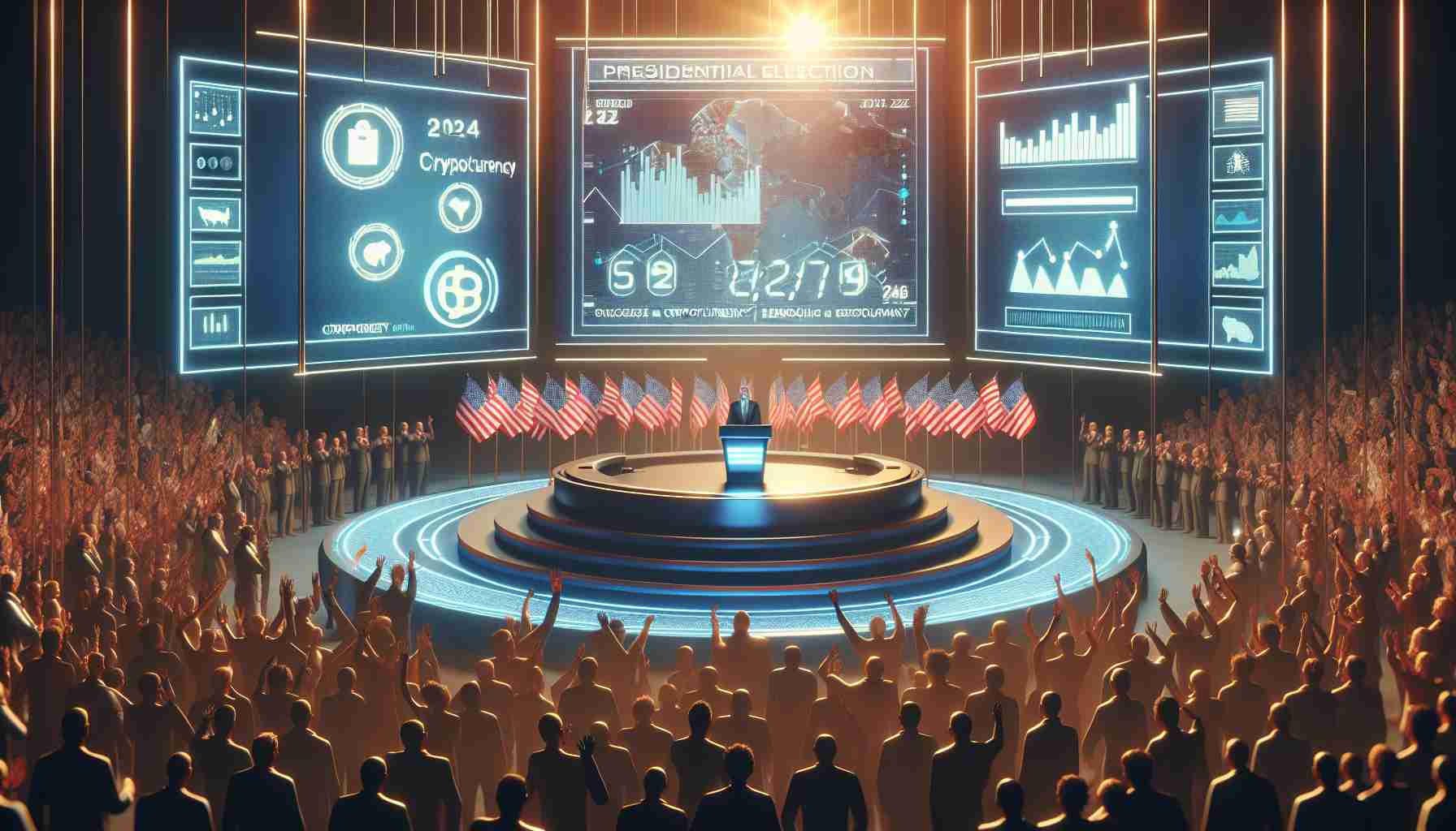 Generate an HD quality image depicting the concept of a futuristic 2024 presidential election where discourse on emerging cryptocurrency policies plays a significant role. The scene should ideally contain symbolic elements like a ballot box, campaign podium, digital screens showing charts and graphs related to cryptocurrency, and enthused crowd. Please note, do not include any specific person or politician in the image. The overall tone should reflect the seriousness and magnitude of such a political event.