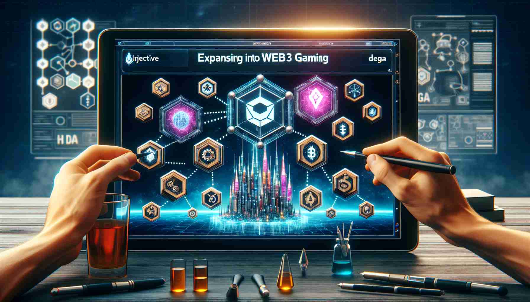 Create a high-definition, hyper-realistic image showcasing a scenario where Injective, a blockchain solutions provider, is expanding into Web3 Gaming. The scene should include visual elements representing collaboration with DEGA, a gaming service. Use symbols and graphics to denote blockchain, web3 technology, and gaming elements.