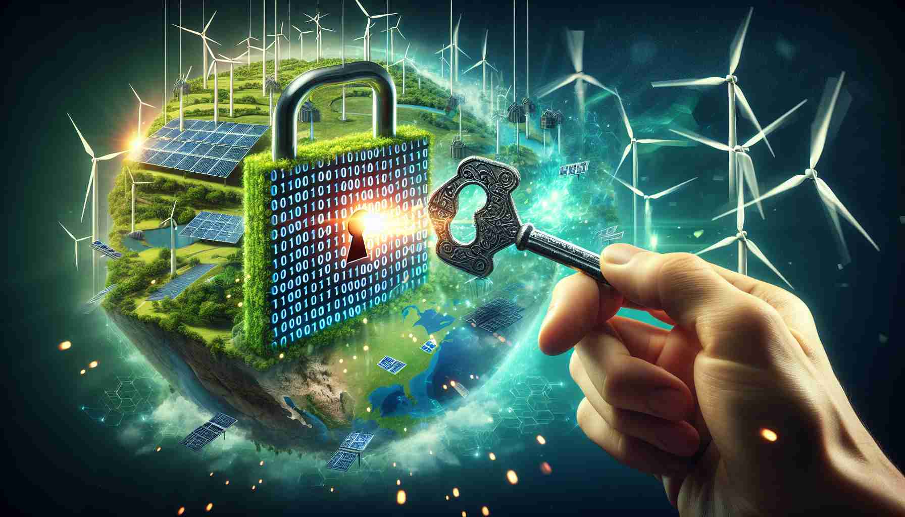 A striking, high-definition image that represents the concept of unlocking renewable energy investment via blockchain technology. In the center of this highly detailed scene, a symbolic key made of binary codes, representing blockchain, is being inserted into a lock that's constructed as a combination of wind turbines, solar panels, and hydroelectric power stations. This embodies the resilience and security of decentralized energy systems. The background should be a smooth blend of green and blue hues, implying environmental sustainability and the digital world. Flashes of light should be emanating from the key-lock interaction, signifying the potential and power of this transformative technology.