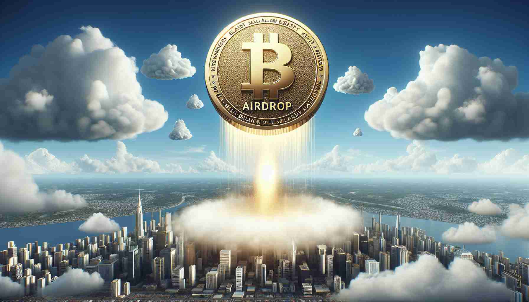 A high definition, realistic image of a concept called 'Impending BLAST Airdrop' which is estimated to hold multi-billion dollar valuation. This concept could be visualized as an oversized gold coin labelled 'BLAST', descending from the cloud-blue sky, signifying an airdrop. To further emphasize on the valuation, the coin could have a glowing aura around it and the surrounding environment could be urban metropolitan cityscape, filled with skyscraper buildings that are dwarfed in comparison to the descending coin.