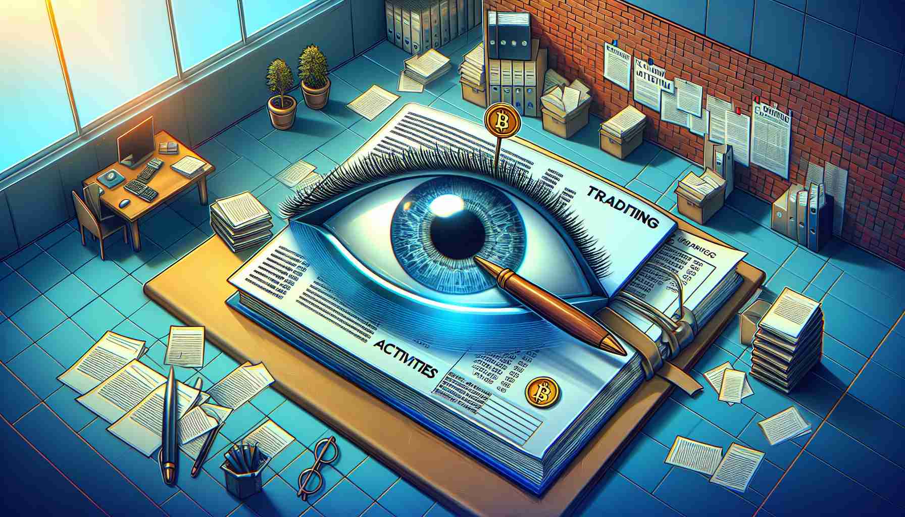 Generate a realistic high-definition image depicting the concept of a trading firm named as Jump Trading under scrutiny by a regulatory agency for activities related to cryptocurrency. The image should ideally show a symbolic representation of monitoring, such as an eye looking over a ledger book marked 'Crypto Activities'. Ensure to include paperwork and legal documents scattered around a modern office environment. Remember, this illustration is metaphorical and not literal, and is meant to convey the notion of regulatory scrutiny in the world of cryptocurrency trading.