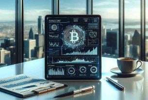 A realistic, high definition image of a financial report on a tablet screen showing a forecast for a cryptocurrency, specifically, a decentralized digital currency without a central bank or single administrator, to hit the milestone of $200,000 by the year 2025. The report contains intricate graphs, charts, and analysis data. Next to the tablet, lay a pen and a cup of coffee on a sleek modern desk with city view in background through a large glass window.