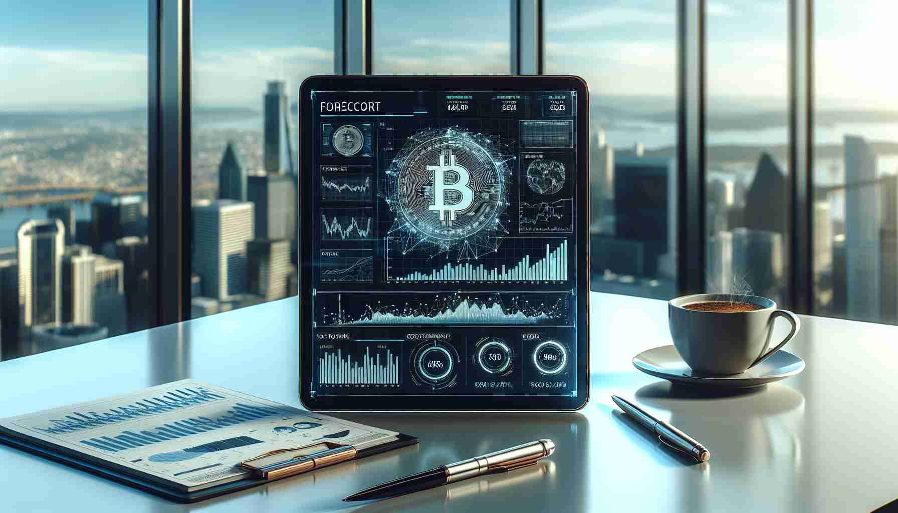 A realistic, high definition image of a financial report on a tablet screen showing a forecast for a cryptocurrency, specifically, a decentralized digital currency without a central bank or single administrator, to hit the milestone of $200,000 by the year 2025. The report contains intricate graphs, charts, and analysis data. Next to the tablet, lay a pen and a cup of coffee on a sleek modern desk with city view in background through a large glass window.