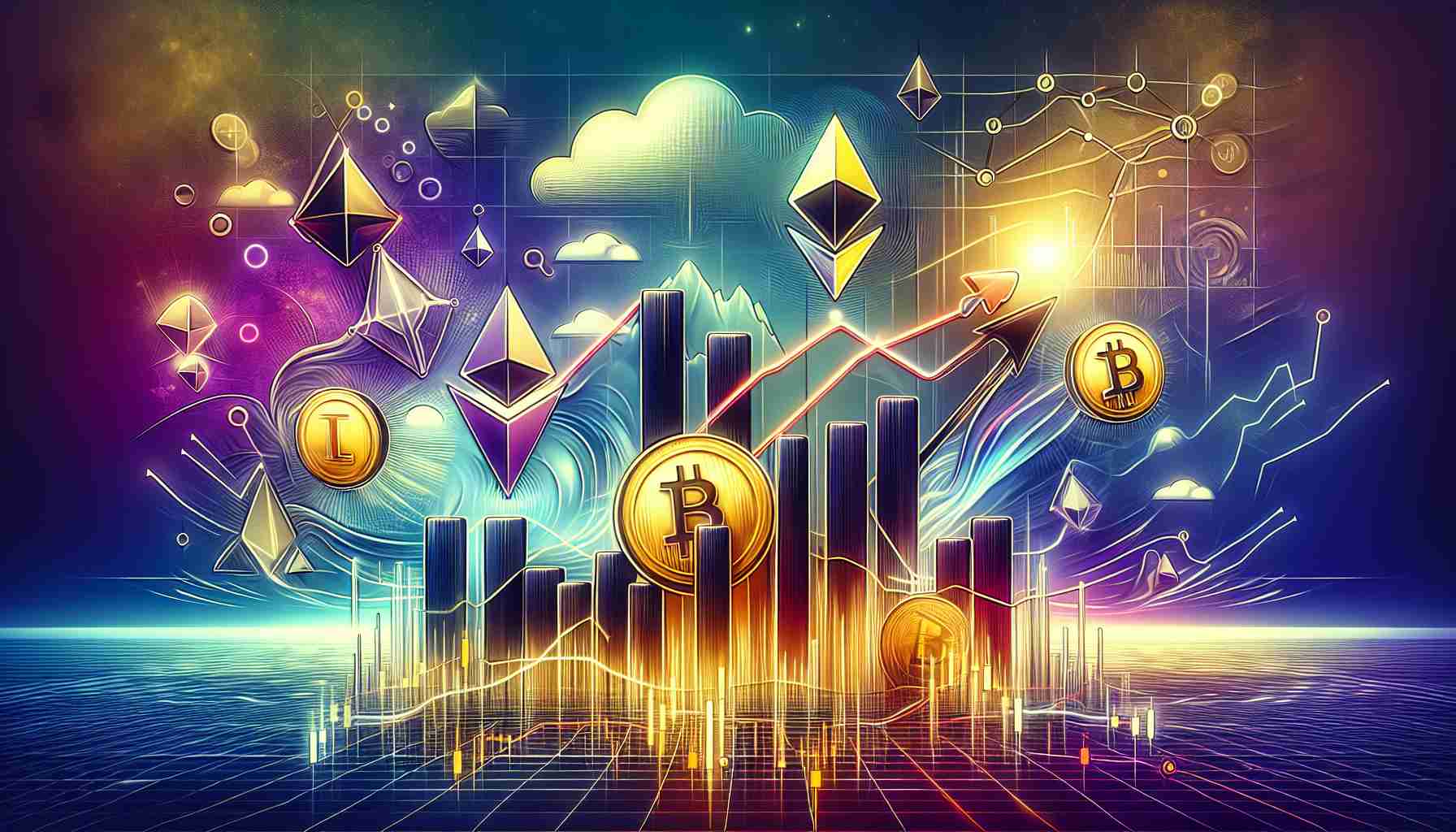 Generate a high-definition, realistic image that symbolizes the concept of a volatile crypto market, focusing on two elements signifying Pendle and Lido DAO outperforming others despite the volatility. The image might include abstract representations of market charts, ups and downs, and symbols representing Pendle and Lido DAO.