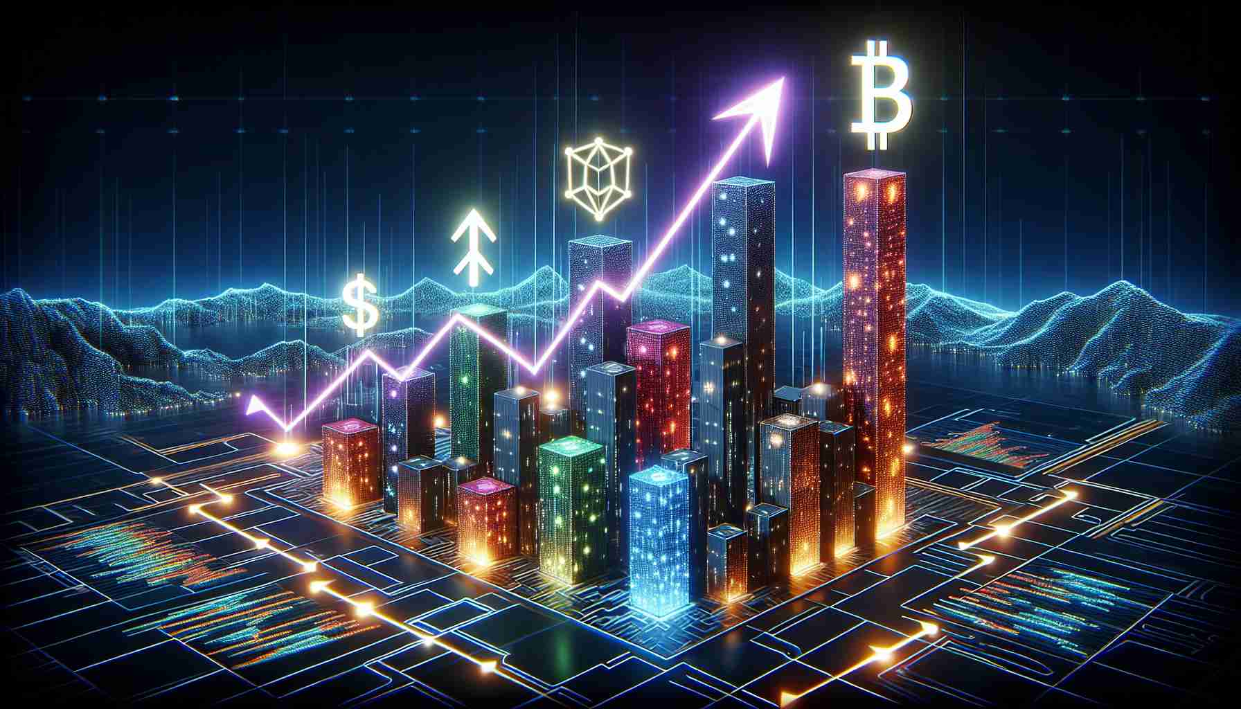 A high-definition, realistic illustration showing a symbolic representation of notable shifts in the cryptocurrency market landscape. The image could include various types of virtual currency represented as towers of glowing digital code, fluctuating height to symbolize market changes. Additionally, there would be arrows indicating upward and downward trends, and digital landscapes in the background to represent the market. The scene should ideally be illuminated in neon lights, creating a futuristic feel, and the currencies could be color-coded for recognition.