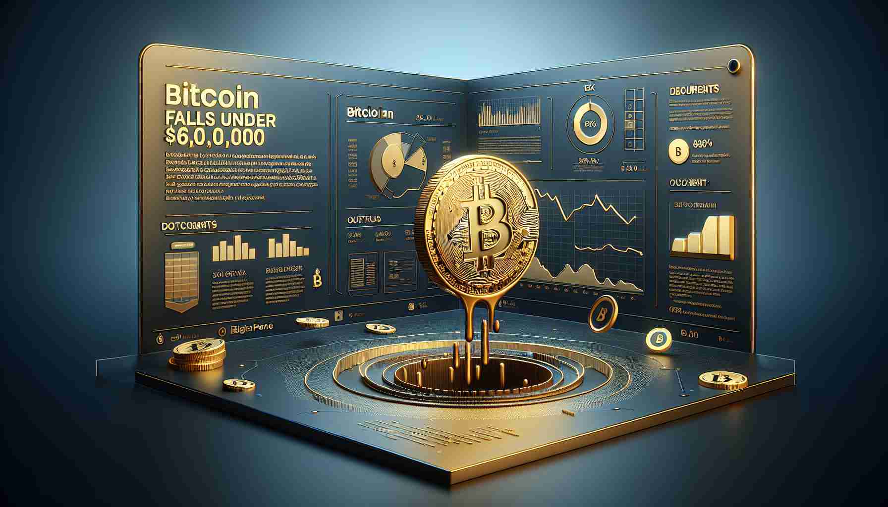 Create a realistic, high-definition image of an infographic-style scene. In the center, there should be an iconic gold-colored Bitcoin symbol looking as if it is falling under the ground level, symbolizing the value of Bitcoin falling under $60,000. Around it, there should be swift, darker shadows to imply the downward motion. In the background, there should be a digital screen displaying the headline 'Bitcoin Falls Under $60,000'. Generate a side pane of the scene which is captioned as 'MtGox Repayment Plans', offering outlines of documents and digitized graphs related to repayment plans.