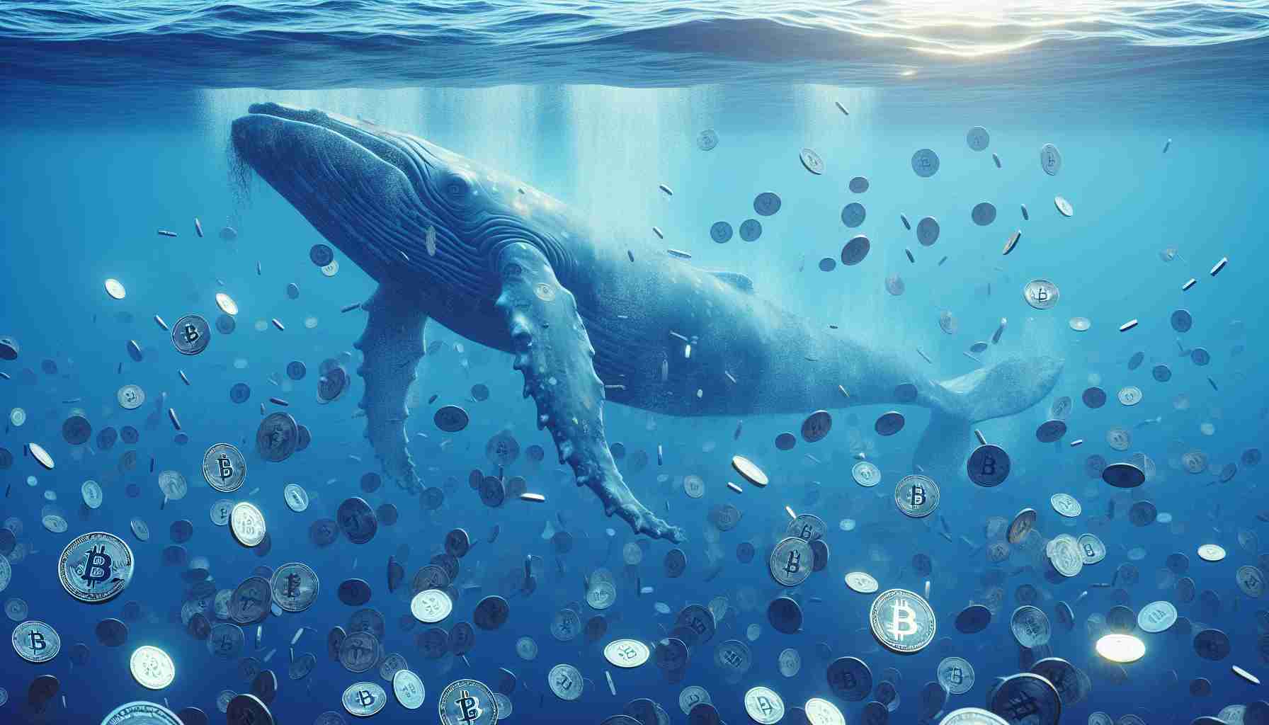 Generate a high-definition, photorealistic image representing the concept of 'whale movements stirring the waters of memecoin amidst market uncertainty'. In this image, imagine a large, mammoth whale gracefully swimming in a vast deep blue ocean full of scattered coins that depict various cryptocurrencies. The coins represent 'memecoin' and should be tossed and turned in the water due to the movements of the whale. The atmosphere should subtly reflect a sense of uncertainty and chaos typical of economic market fluctuations.