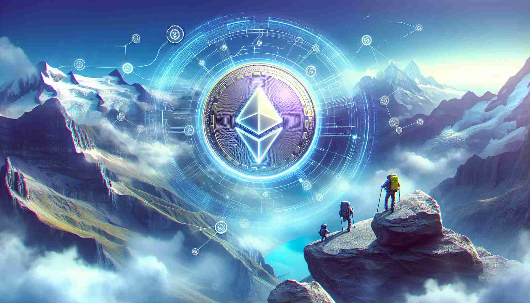 Generate a hyper-realistic, high-definition image that encapsulates the adventurous journey of the Simple-Ton Coin, powered by the emerging TON Blockchain technology. This should include visual elements related to blockchain, digital currencies, and technological advancements, in addition to conveying a sense of exploration and drive.