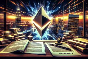 An HD image depicting the concept of an impending launch of an Ethereum ETF. The scene encompasses swift, dynamic movement to suggest activity and momentum. The forefront might contain a motif of Ethereum's logo and a set of documents, symbolizing regulatory filings, with amendments highlighted on them. The backdrop could be filled with a skyline view of a metropolis, indicating a significant global financial hub, to communicate the idea of a major financial event. Ensure the image reflects realism and high resolution.