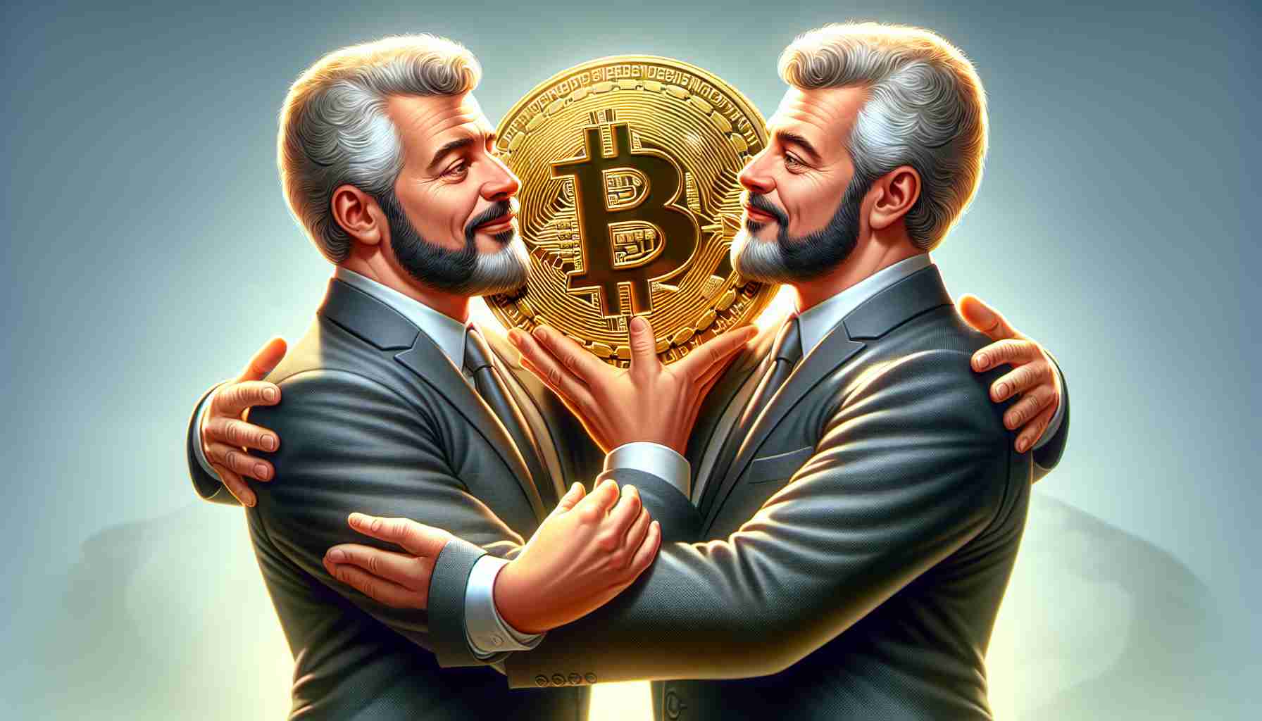 Realistic high definition illustration of a notable politician warmly embracing a physical representation of Bitcoin, perceived as a golden coin with the Bitcoin symbol on it, following a generous $2M donation made by a pair of identical twin entrepreneurs.