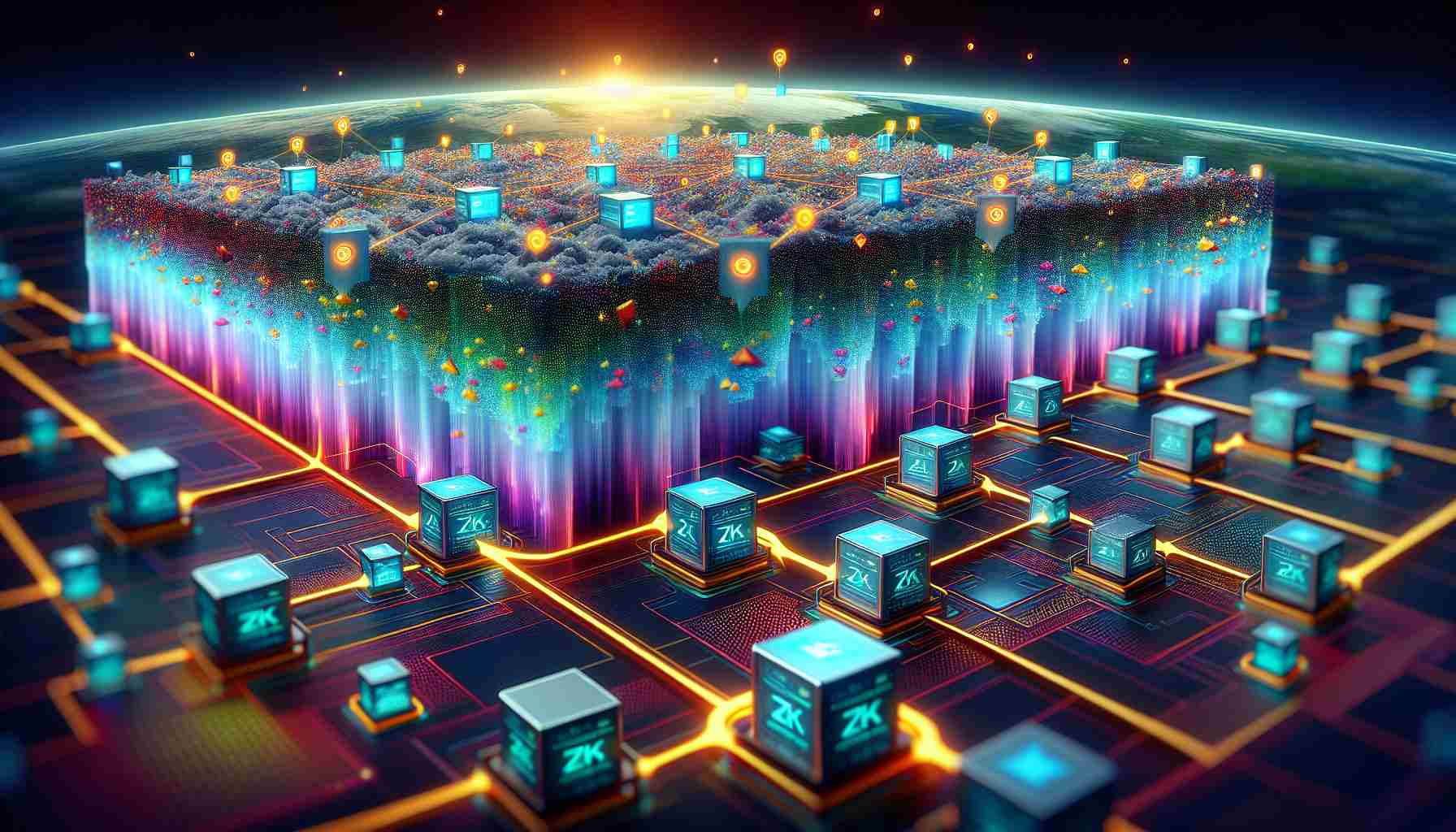 A high-definition realistic image showcasing ZK Compression Technology enhancing blockchain efficiency. The image depicts an abstract representation of the Solana network, with brightly colored nodes interconnected atop a digital landscape. Data packets move swiftly through these nodes, exemplifying a highly efficient system. The visual metaphor of compression can be represented by these data packets decreasing in size as they reach each node, symbolizing the effects of ZK Compression in optimizing data storage and transmission within the blockchain.