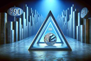 A realistic high-definition representation of the concept of Litecoin's resilience. The image features a narrowing triangle encapsulating the subsequent concept of Litecoin’s value. At the triangle's narrowest point, there's a focus on a $90 target. The entire scene is rendered in a metaphorical art style to portray abstract financial concepts.