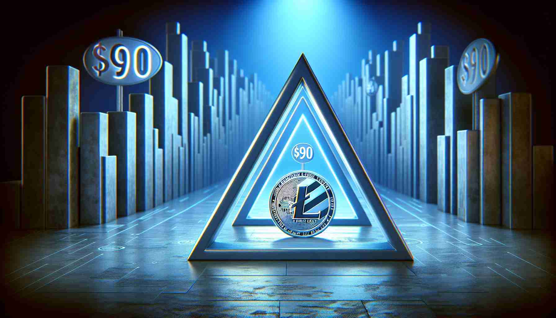 A realistic high-definition representation of the concept of Litecoin's resilience. The image features a narrowing triangle encapsulating the subsequent concept of Litecoin’s value. At the triangle's narrowest point, there's a focus on a $90 target. The entire scene is rendered in a metaphorical art style to portray abstract financial concepts.