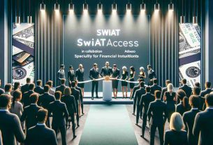 A high-definition, realistic image showcasing the launch of 'SWIAT Access' by SWIAT in collaboration with adesso, specifically designed for financial institutions. The focus of the image could be a symbolic ribbon-cutting ceremony with a crowd of well-dressed professionals gathered around. The ambiance should suggest prestige and advancement in the realm of finance. The backdrop can include the logos of both SWIAT and adesso and the event's name 'SWIAT Access'.