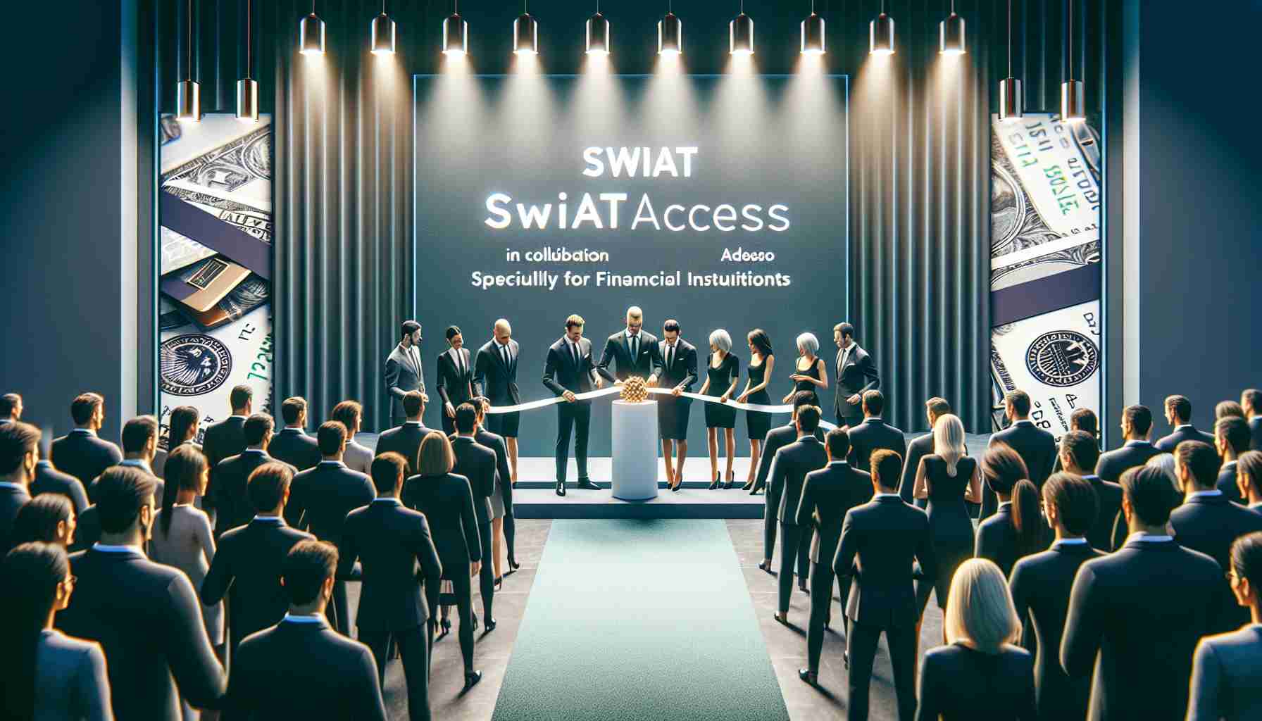 A high-definition, realistic image showcasing the launch of 'SWIAT Access' by SWIAT in collaboration with adesso, specifically designed for financial institutions. The focus of the image could be a symbolic ribbon-cutting ceremony with a crowd of well-dressed professionals gathered around. The ambiance should suggest prestige and advancement in the realm of finance. The backdrop can include the logos of both SWIAT and adesso and the event's name 'SWIAT Access'.