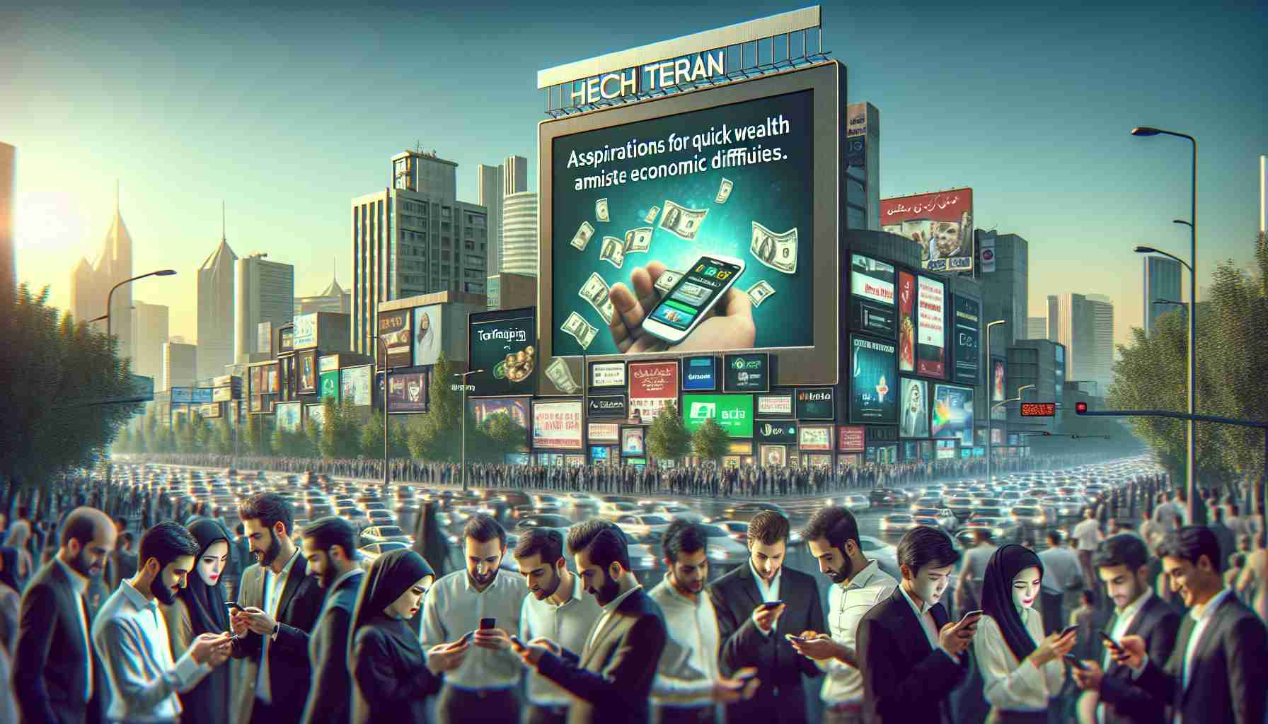 Create a realistic high-definition image showcasing the tech craze in Tehran. The scene should focus on the popularity of a mobile app that symbolizes aspirations for quick wealth amidst economic difficulties. Render a bustling city background with a variety of people interacting with their phones. Visualize the concept of this tech boom by emphasizing elements such as diverse tech gadgets, excited expressions, and perhaps a digital billboard promoting the said mobile app.