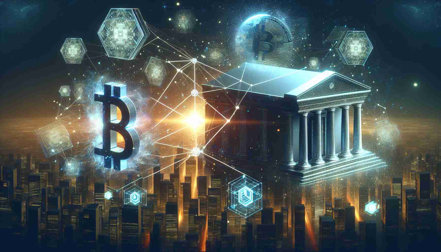 High-definition realistic image of a groundbreaking banking solution. It is emerging from a collaboration between two abstract entities, symbolised as two innovative tech firms. They are dedicated to the development and application of blockchain technology in financial systems. Visualise the alliance as a fusion of traditional and futuristic elements, representing the successful integration of conventional financial institutions with cutting-edge fintech.