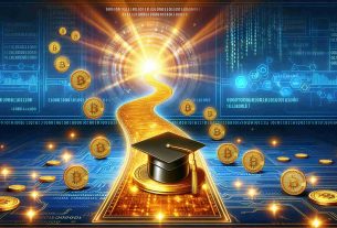 Illustration of an 'educational cryptocurrency concept'. Imagine a trail of golden digital tokens leading towards a higher education cap, symbolizing learning. The digital tokens should represent cryptocurrency, glowing with radiant light against a high-tech, futuristic backdrop. The backdrop may have digital elements, such as binary sequences, encryption codes, blockchain links, etc., to enhance the theme of 'cryptocurrency education'. The image should be in a realistic HD quality.