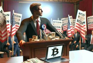 A high-definition realistic image showing a generic politician, not associated with any specific country or time, embracing the concept of Bitcoin amid pressures of an election campaign. The politician could be shown in a room filled with campaign materials, giving a speech, with a laptop open beside him displaying the Bitcoin symbol. The atmosphere is tense with the mounting pressures of the campaign.