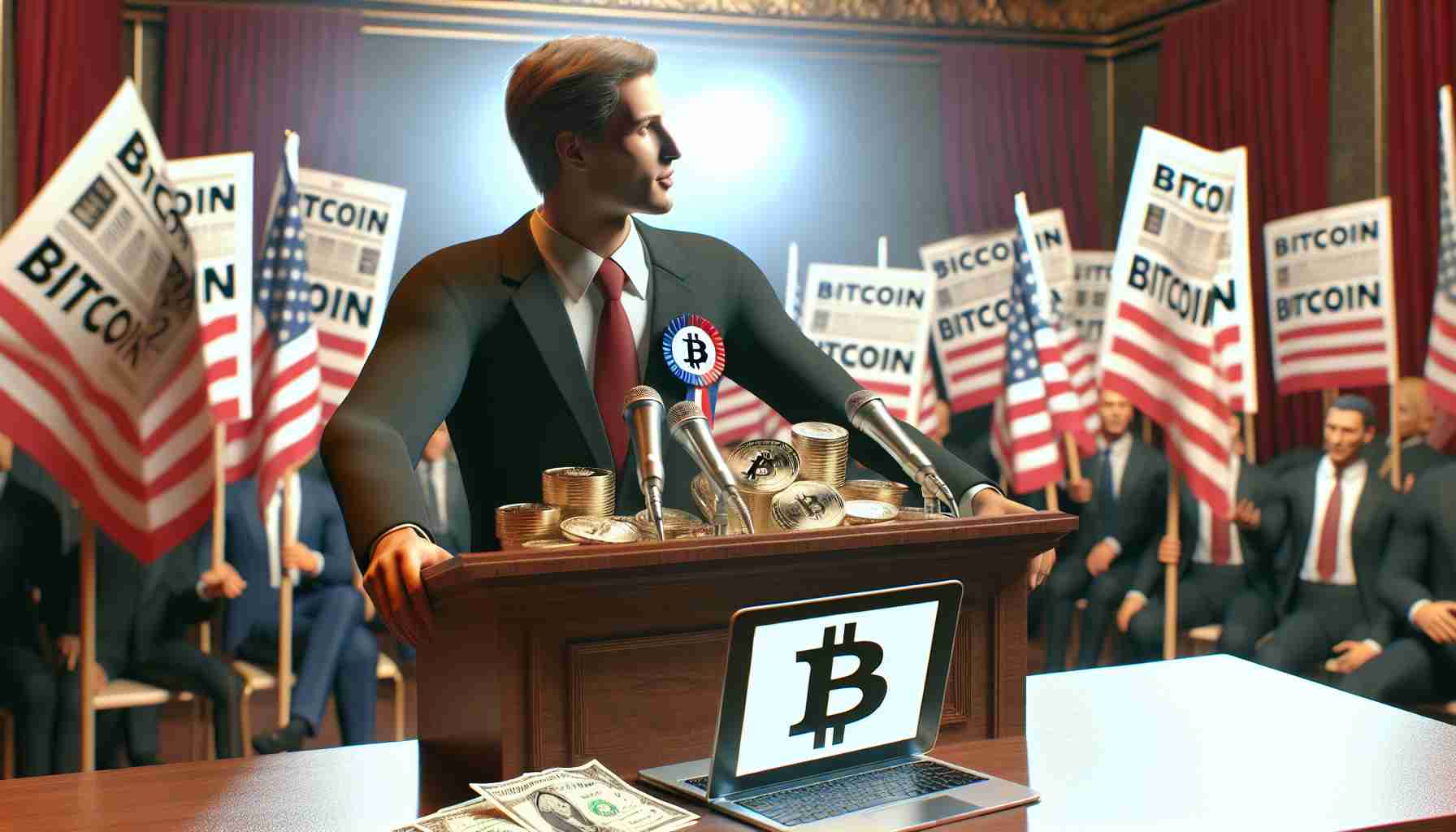 A high-definition realistic image showing a generic politician, not associated with any specific country or time, embracing the concept of Bitcoin amid pressures of an election campaign. The politician could be shown in a room filled with campaign materials, giving a speech, with a laptop open beside him displaying the Bitcoin symbol. The atmosphere is tense with the mounting pressures of the campaign.