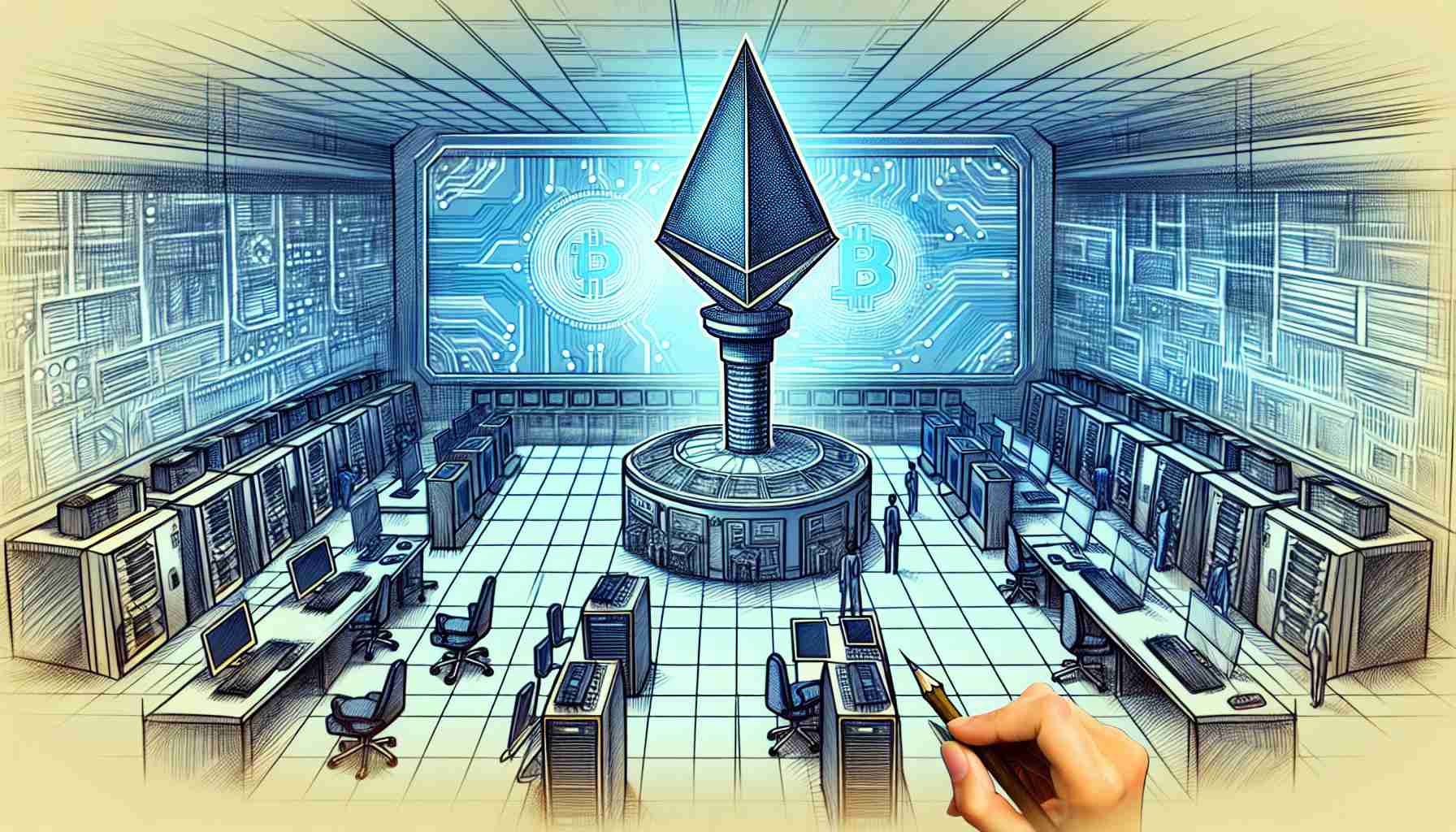 Draw a high-resolution, realistic image of a symbolic representation of the 'Blockchain Revolution'. Depict a futuristic laboratory, identified as 'Hermetic Labs', at the forefront of the revolution. Fill the scene with computers, servers, and other high-tech apparatus, suggesting advanced digital research and development. Include a giant spearhead looming over the lab, symbolizing the thrust into the new era of blockchain technology.