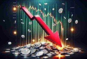 Create a realistic high-definition image representing a significant tumble in the altcoin market. Reflect over $440 million in liquidation represented by a downward-pointing arrow. The arrow can be strong metallic red, plummeting from a chart with soaring green heights towards a dark pit. Include scattered coins with various symbols around to indicate a wide range of affected cryptocurrencies.