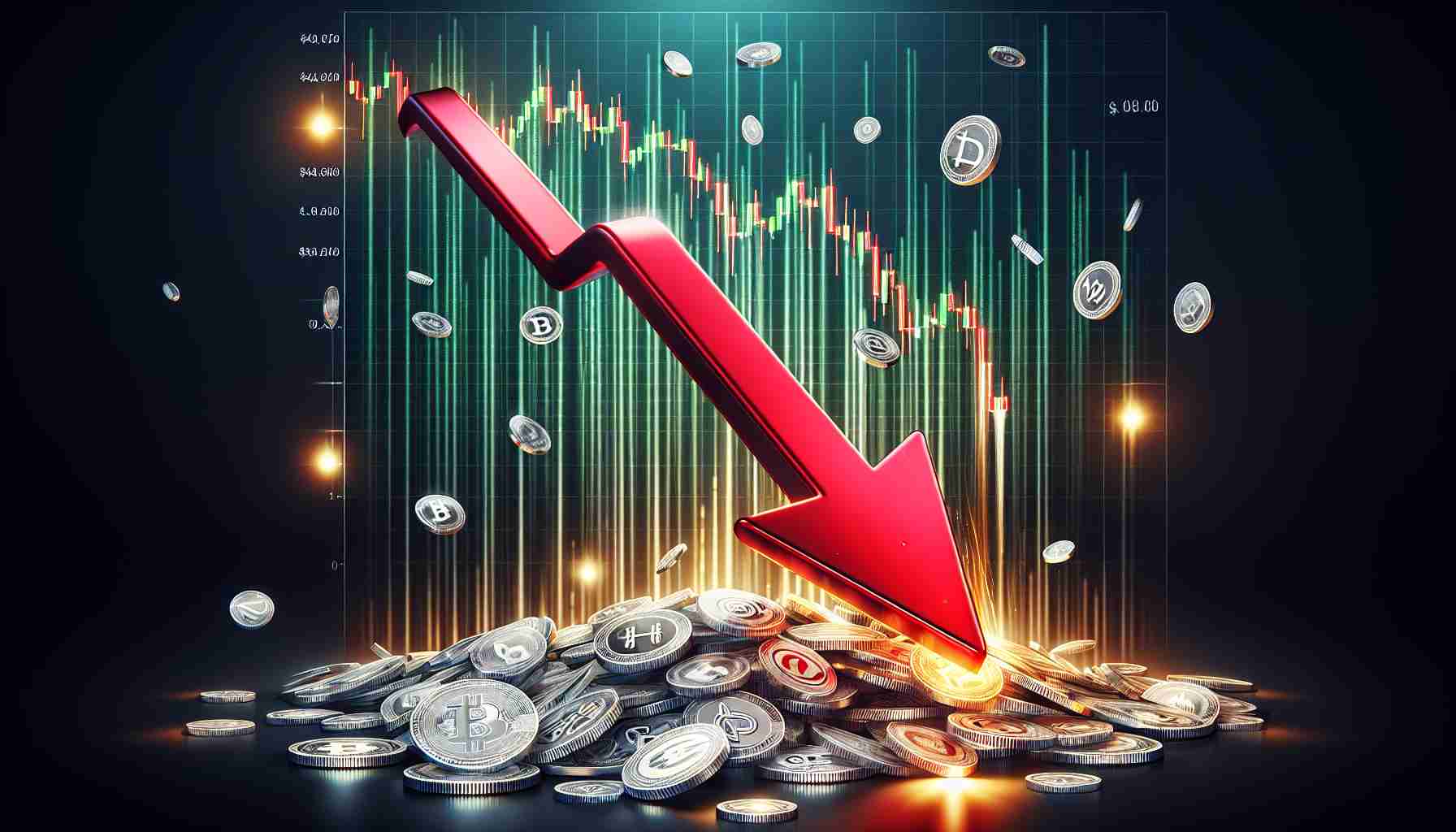 Create a realistic high-definition image representing a significant tumble in the altcoin market. Reflect over $440 million in liquidation represented by a downward-pointing arrow. The arrow can be strong metallic red, plummeting from a chart with soaring green heights towards a dark pit. Include scattered coins with various symbols around to indicate a wide range of affected cryptocurrencies.