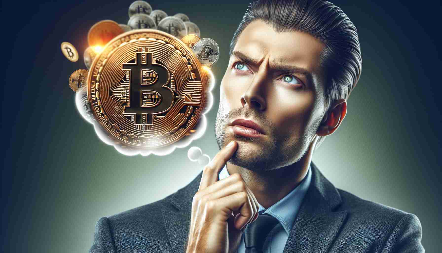 Realistic HD image of an entrepreneurial figure with distinctive eyes considering an additional purchase of Bitcoin