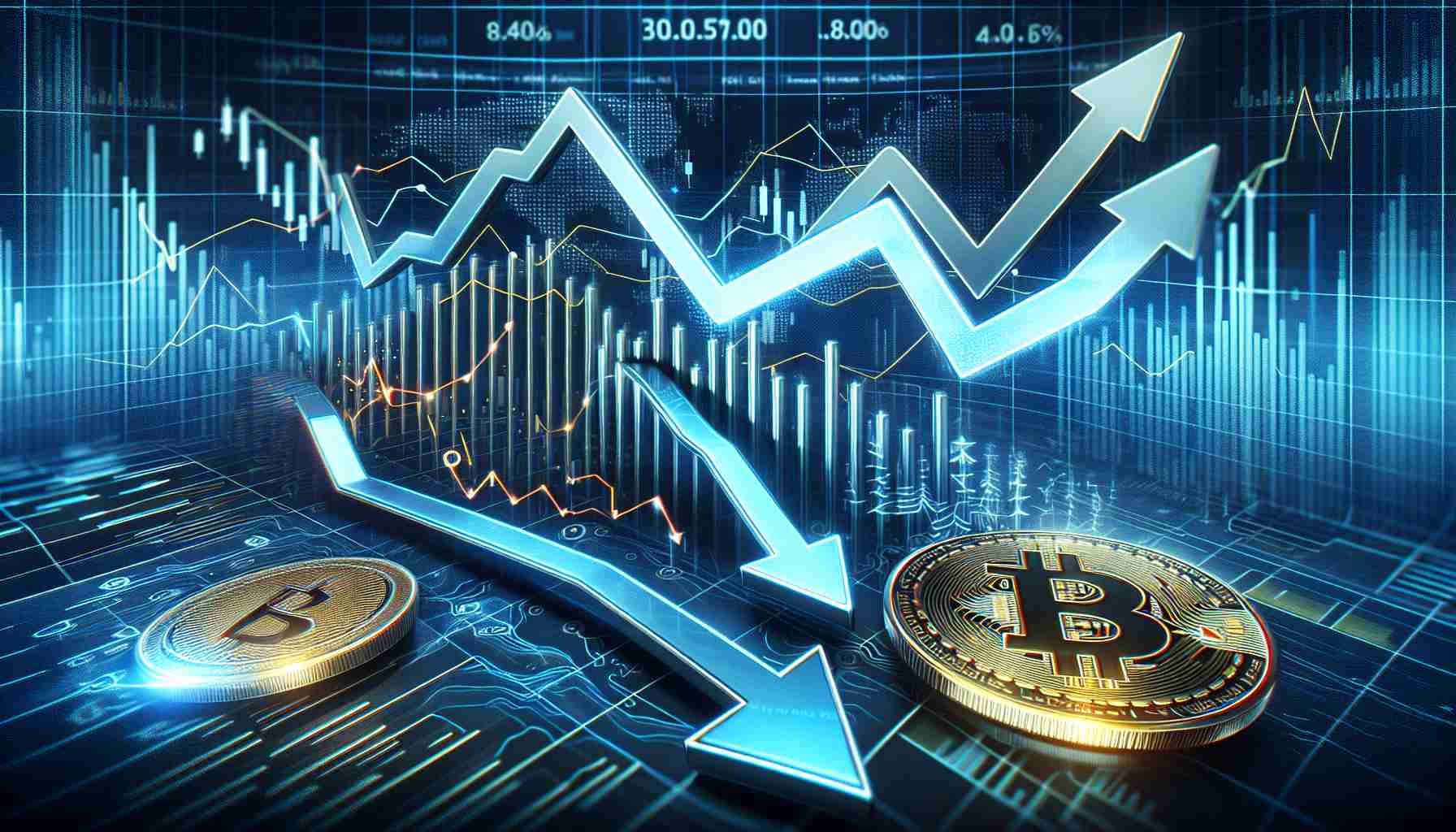 Create a realistic, high-definition image showcasing the concept of altcoins (alternative cryptocurrencies) flourishing, represented as dynamically rising graphs or arrows against a digital background. Simultaneously, depict the market share of Bitcoin, symbolized by its iconic logo, as declining. Make this apparent through visual cues such as a descending graph line, downward arrows or a shrinking Bitcoin symbol. Make sure to create an overall impression of financial data analysis and market trends.