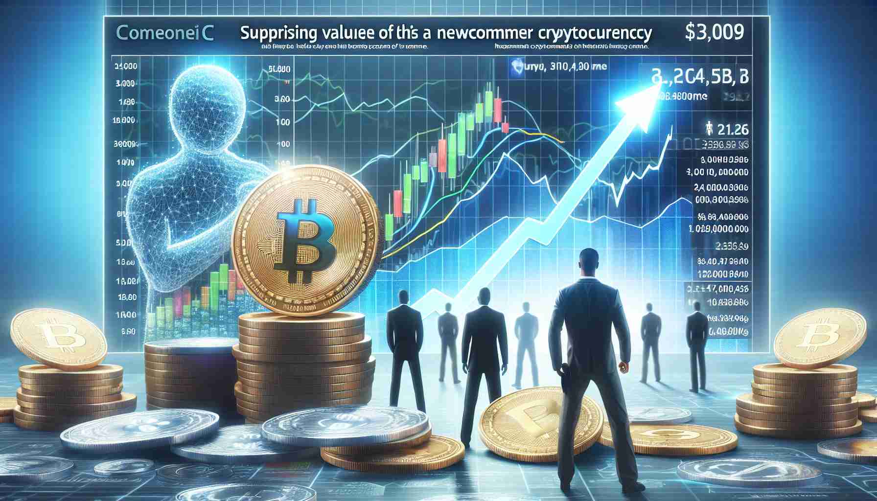 Realistic high-definition image representing the surprising market value of a newcomer cryptocurrency, and how it surpasses a long-established meme cryptocurrency in value. The image should include chart elements, figures, and a random human figure to represent the creator.