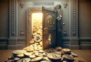 Create a high-definition, realistic image that metaphorically represents the global shift in reserve currencies, illustrating traditional forms of money giving way to digital cryptocurrencies. The scene should depict a large, ornate door being pushed open, the light from the other side illuminating rows of coins evolving into stacks of bitcoin and ethereum symbols.