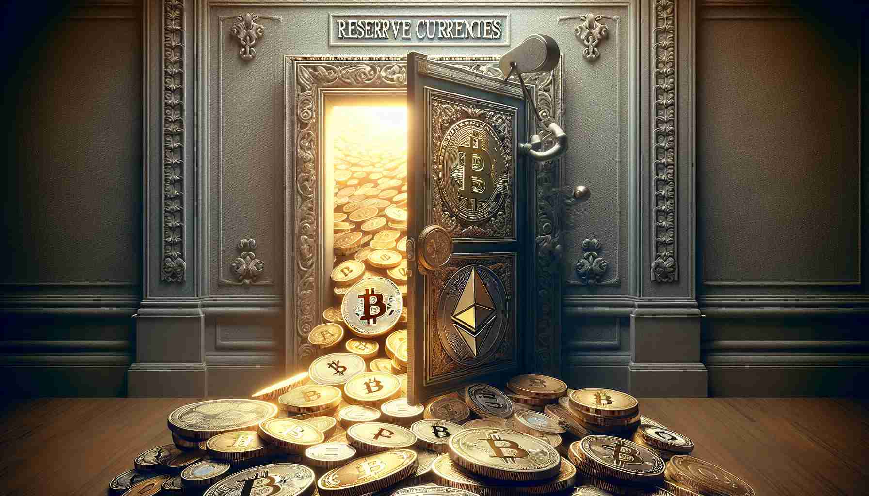 Create a high-definition, realistic image that metaphorically represents the global shift in reserve currencies, illustrating traditional forms of money giving way to digital cryptocurrencies. The scene should depict a large, ornate door being pushed open, the light from the other side illuminating rows of coins evolving into stacks of bitcoin and ethereum symbols.