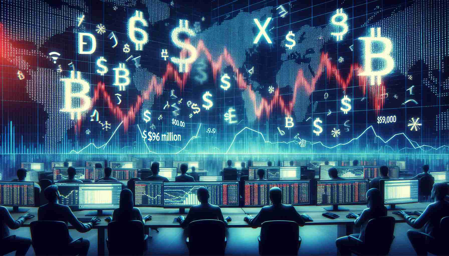 Generate a high-definition, realistic image that depicts symbols representing significant losses in cryptocurrency. In the image, visualize the substantial decline in the form of $96 Million being cleared from the market. Perhaps show crashing graph lines, concerned traders at a digital stock exchange, and an array of screens displaying RED numbers denoting the sudden drop. It should evoke a sense of economic turmoil. Note to avoid any specific real-life figures or symbols affiliated with particular blockchain companies to prevent infringement.