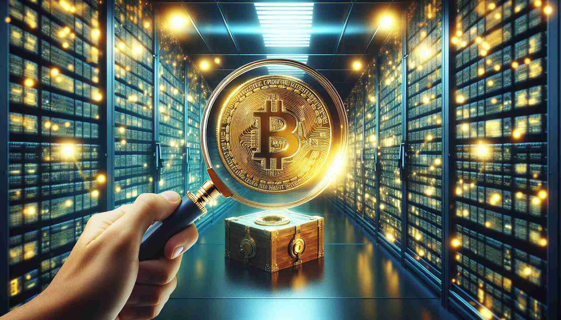 A realistic, high-definition photo portraying the concept of commitment to reliable Cryptocurrency information. The picture may depict a symbolic representation like a magnifying glass scrutinizing a golden cryptocurrency coin or the image of a blockchain network glowing against a backdrop of vast digital data libraries or secure vaults.