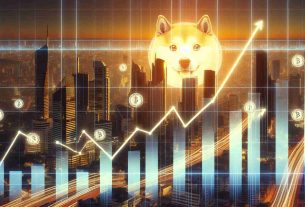 A realistic, high-definition image showcasing a thriving city skyline during a sunset overlaid with rising line graphs and charts, subtly indicating a positive trend in the value of Dogecoin which appears to be on the upswing.