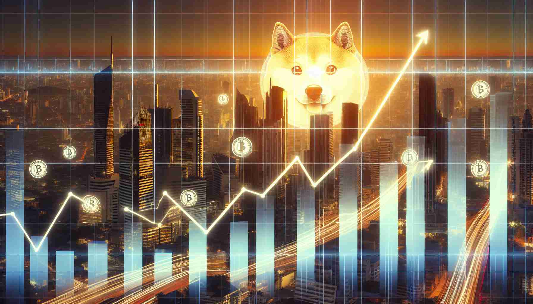 A realistic, high-definition image showcasing a thriving city skyline during a sunset overlaid with rising line graphs and charts, subtly indicating a positive trend in the value of Dogecoin which appears to be on the upswing.