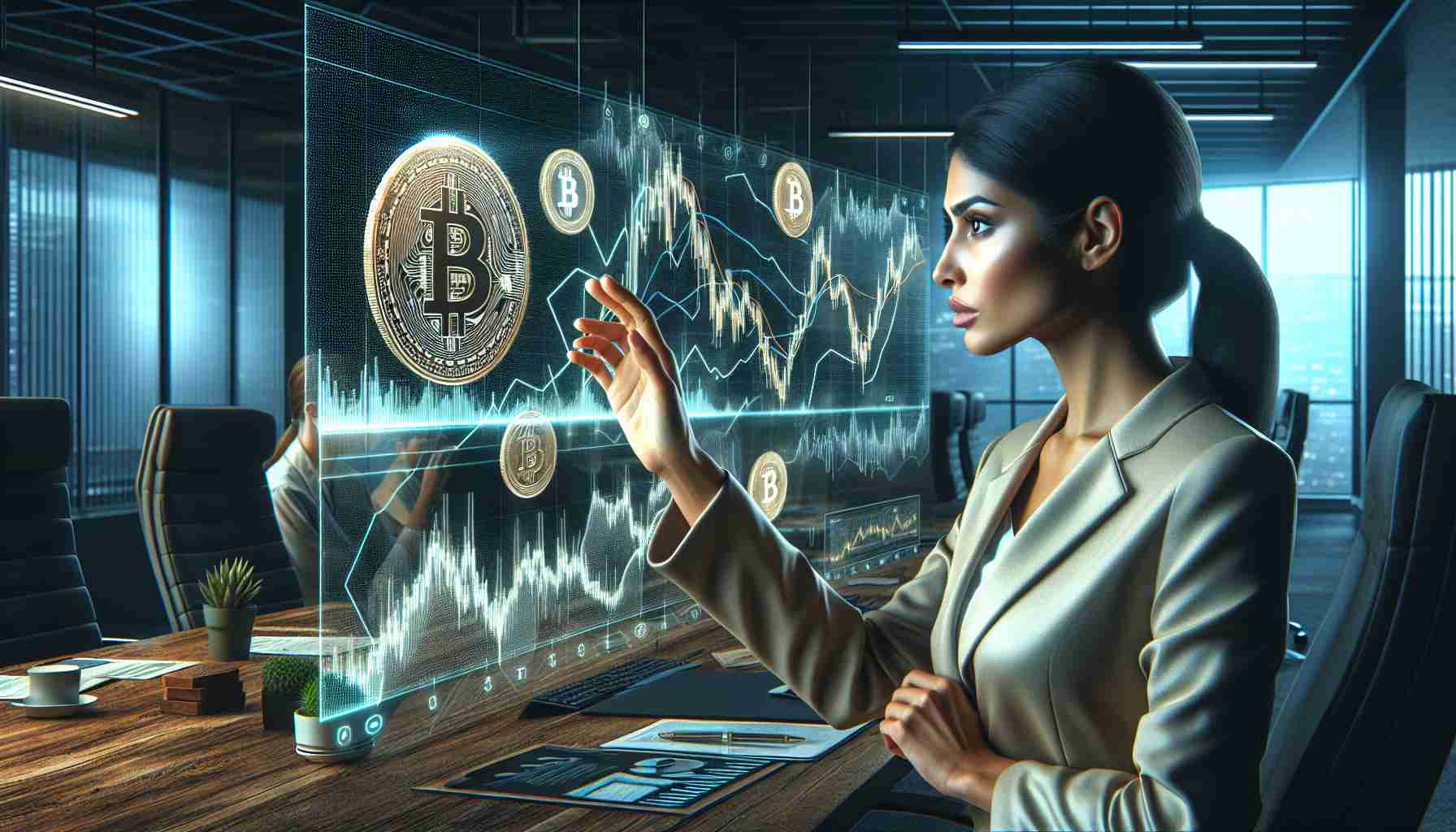 A highly detailed image in realistic style, showcasing a CEO of a fictitious cryptocurrency company situated in an office environment, where surrounding elements subtly hint towards the unpredictable political climate around cryptocurrencies. Alongside the executive's desk is a live market graph featuring the dynamics of Bitcoin. The CEO, who is of South Asian descent and female, is intently viewing the graph with a serious expression, embodying the challenges and opportunities of leading in the crypto domain.