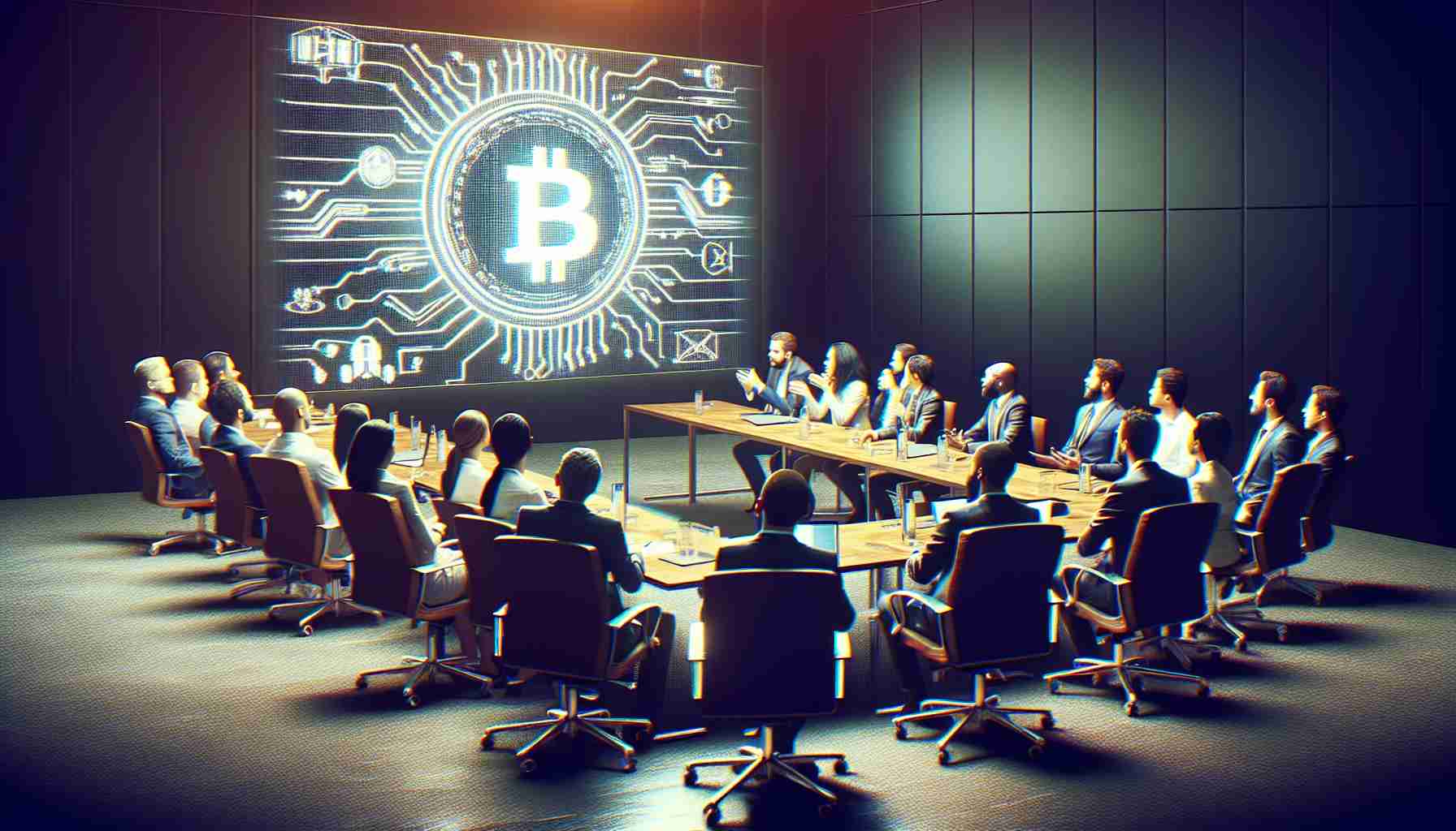 Create a realistic HD image of a meeting happening in a room filled with diverse individuals. These would be the members of a blockchain technology committee in Nigeria. They're having an intense discussion about finding solutions and resolutions surrounding cryptocurrency exchange, symbolized by a logo of a popular crypto exchange company projected on a screen. It encapsulates the dynamic of technological professionalism and innovation.