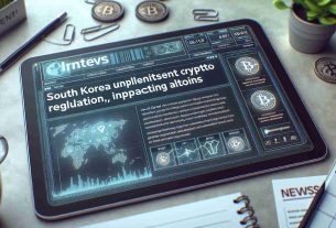 An image of a digital news article layout on a tablet screen. The headline reads 'South Korea Implements Stringent Crypto Regulation, Impacting Altcoins'. The image should be hyper-realistic and high-definition. Below the headline, there is a news article, which is slightly blurred to maintain focus on the headline. On the backdrop, there are various cryptocurrency symbols subtly displayed. To the side of the tablet, there are a few tangible real-world objects, perhaps a coffee cup and some office stationery, to add realism to the scene.