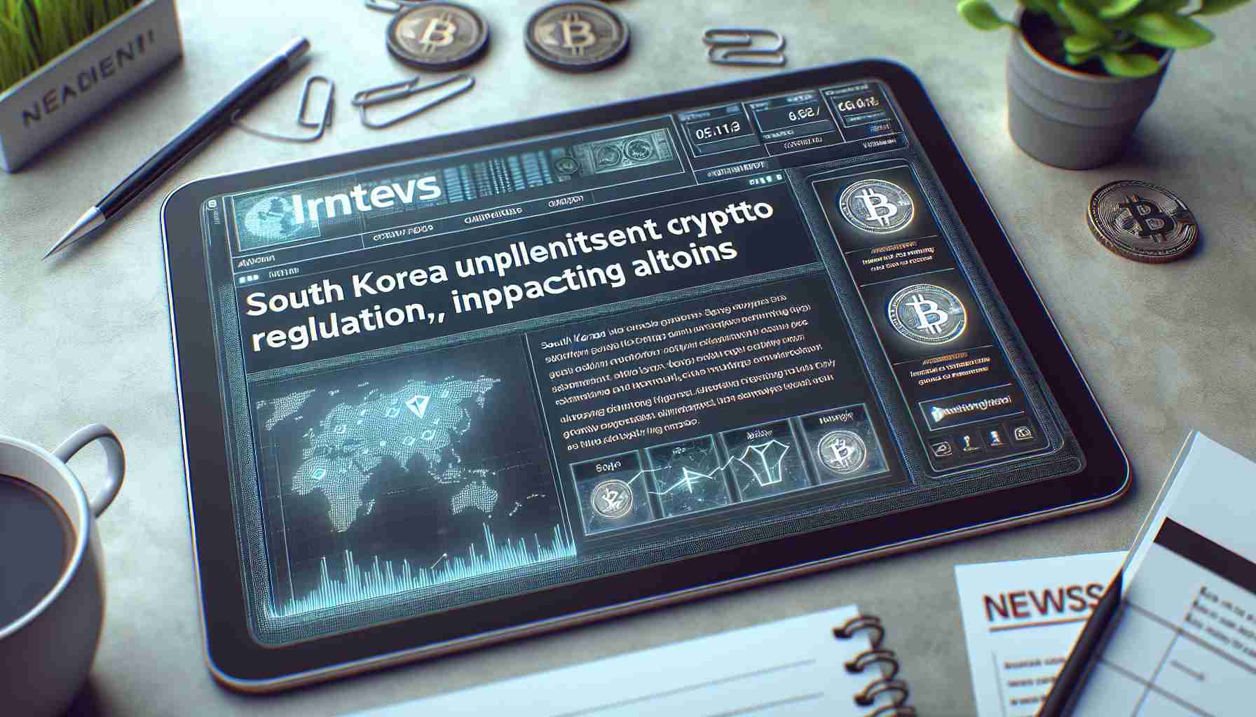 An image of a digital news article layout on a tablet screen. The headline reads 'South Korea Implements Stringent Crypto Regulation, Impacting Altcoins'. The image should be hyper-realistic and high-definition. Below the headline, there is a news article, which is slightly blurred to maintain focus on the headline. On the backdrop, there are various cryptocurrency symbols subtly displayed. To the side of the tablet, there are a few tangible real-world objects, perhaps a coffee cup and some office stationery, to add realism to the scene.