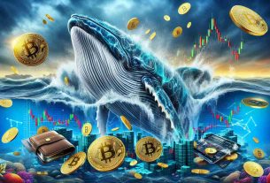 Generate a hyper-realistic HD image that metaphorically depicts the concept of cryptocurrency whales, represented as large and majestic marine creatures, capitalizing on a market downturn, symbolized as a turbulent ocean filled with coins sinking. Incorporate elements such as graphs, Ledger wallet, and coins to further emphasize the financial context.